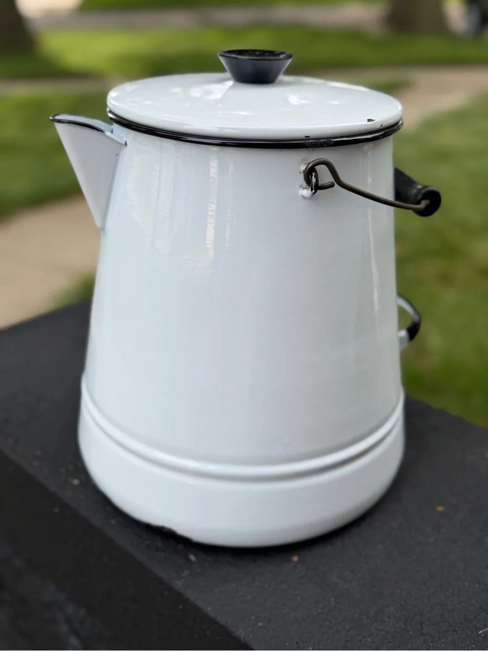 White Enamelware Coffee Pot with Black Trim